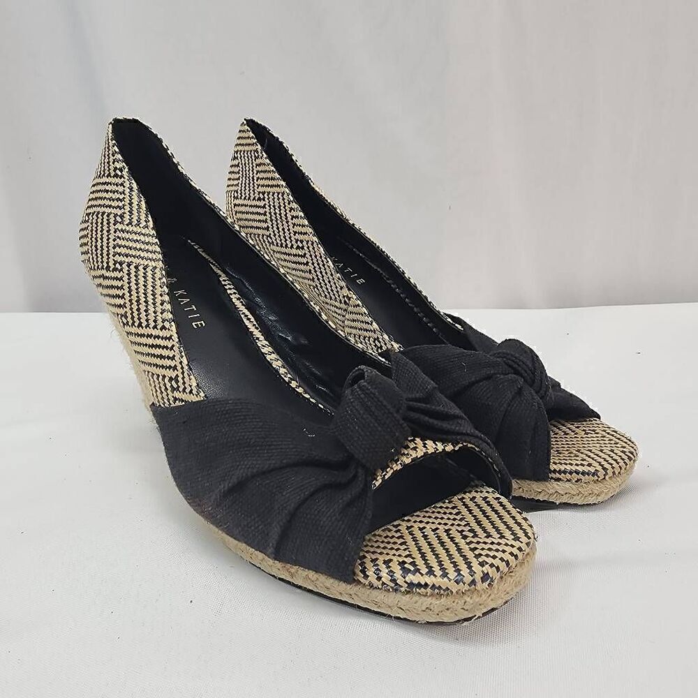 Kelly & Katie Size 8.5 Ivala Knotted Espadrille Woven Wedge Sandal Black Beige F
